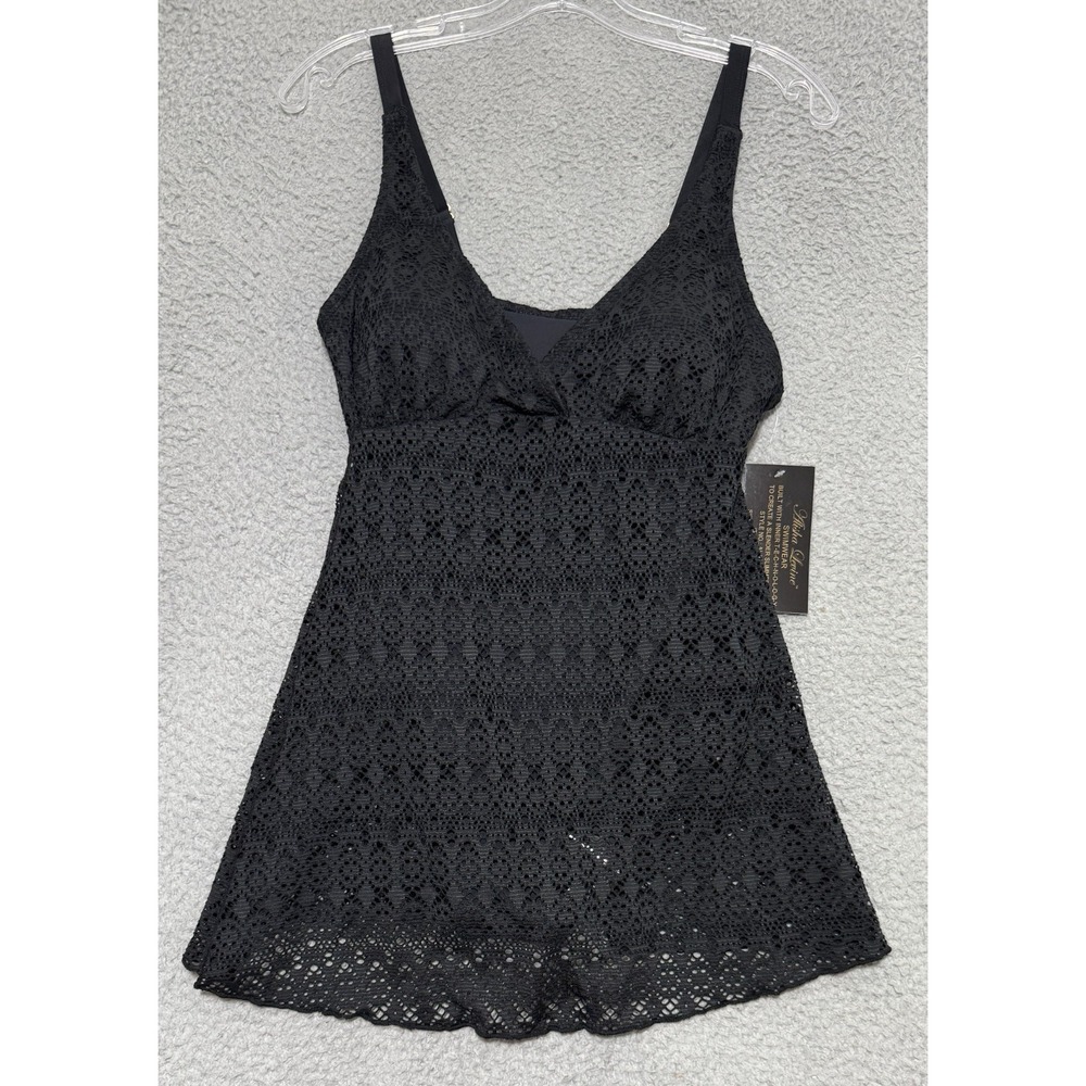 ALISHA LEVINE Crochet Swim Dress Padded Bra Black Swimsuit Size 10 NEW
